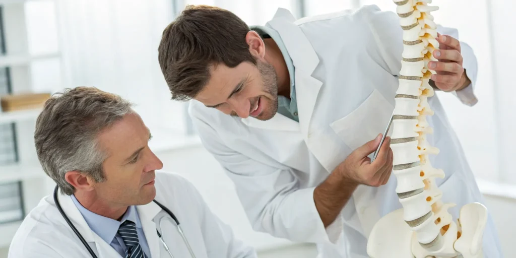 Doctors use a spine model to explain a paravertebral lumbar sympathetic block.