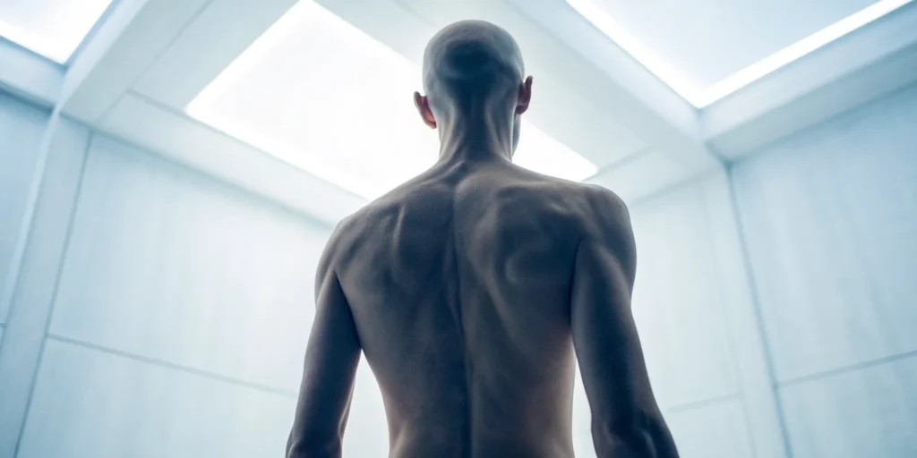 A person's back showing the spinous process, a source of localized back pain.