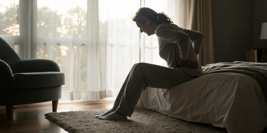 Woman in bed with severe back pain, one of the worst symptoms of spinal stenosis.
